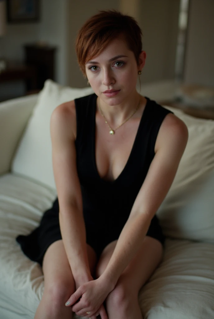 A 19 year old beautiful cute sexy irish woman in a black sleeveless minidress  and statement necklace sits on a white couch, legs crossed, Her auburn hair is styled in a short buzz cut and she is looking directly at the camera. Softly blurred living room backdrop, elegant ambiance.