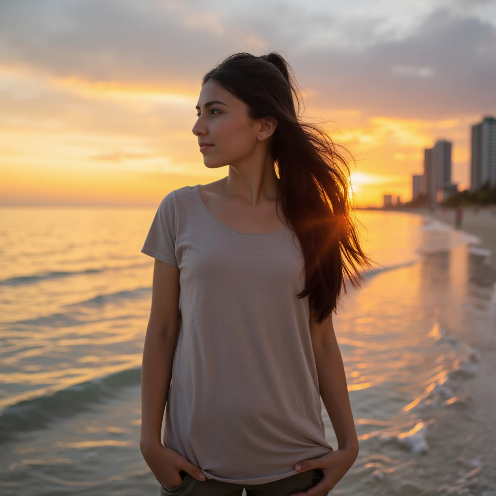 (8k, RAW Photo, Best Quality, Masterpiece:1.3),(Real,Photo:1.37),(Looking at Viewers:1.331),(Black Hair),Pose,Beachfront,Morning View,Sunrise,Clear Sky,1Girl,Very Beautiful Face,Small,Put Your Hands Down,Pony Hairstyle,Weight Hair,Fluffy Hair,Shoulder Length,Straight Hair,Random Expression,Smile at the Corner of Mouth,Big Eyes,(T-shirt,Round Collar,Short Sleeves,Opaque Color,Shirt Color),(Wearing Pants),mix4,No Hair Accessories,Best Quality Hair