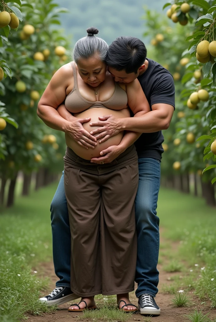 An old woman in her 70s, she is pregnant, big belly, she is standing and open her stomach- she has a young man standing next to the women - perfection of great quality in masterpiece of extraordinary detail, perfect image 4k, high definition, very realistic, quality 100% real