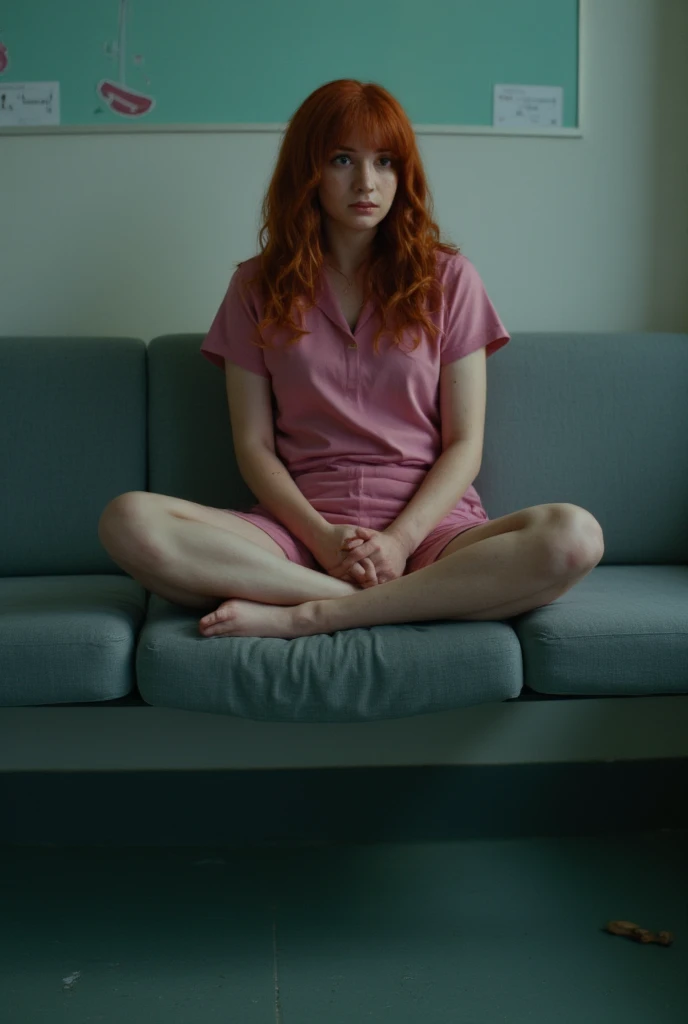 A candid photo of a red-haired woman with freckles (legs spread:1.3) on a hospital waiting room sofa, (ginger hair cascading:1.2) over her shoulders, (natural beauty:1.1) in her vulnerability, (hospital setting:1.0), contrasting softness and sterility, iPhone 12 Pro Max, 1/60s, f/4.5, ISO 800.