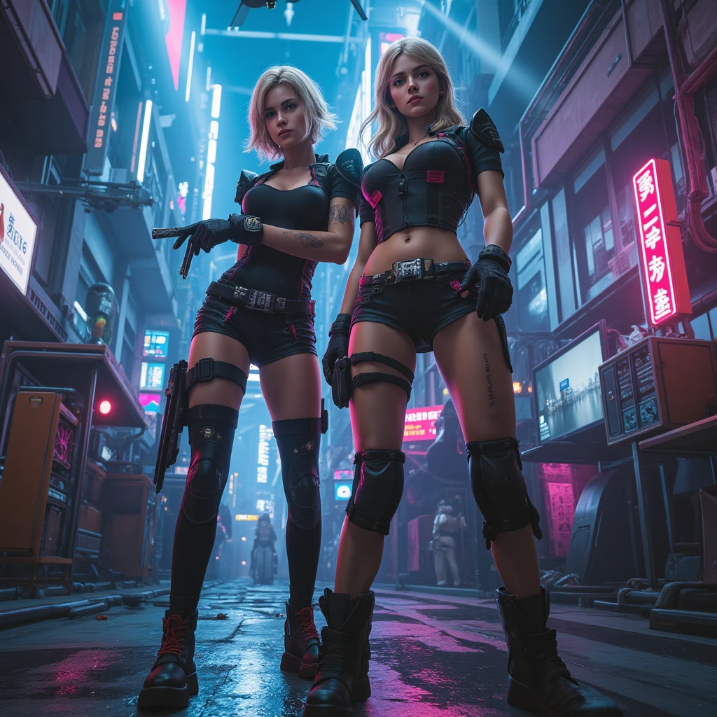 ((high quality)), ((masterpiece)), 8k, 2girls, cars, light rays, extremely detailed CG unity 8k wallpaper, cg game, looking at viewer, gloves, boots, full body, watch , computer, mask, drone, holding gun, headphones, jacket, bag, backpack, cameltoe, neon