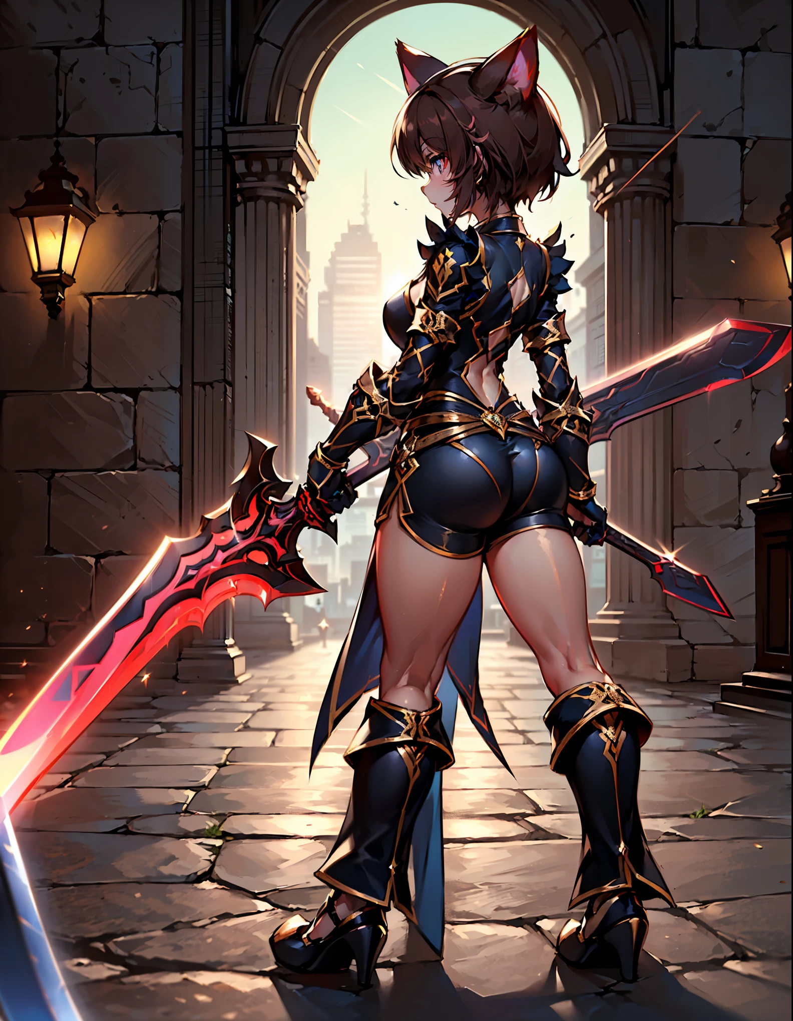 (best quality, ultra-high resolution, depth of field:1.2), (A cute brunette cat girl with a perfect body wearing a stylish outfit holding a sword in her left arm with a stylish pose:1.3), night time, (multiple points of views), (standing:1.2)