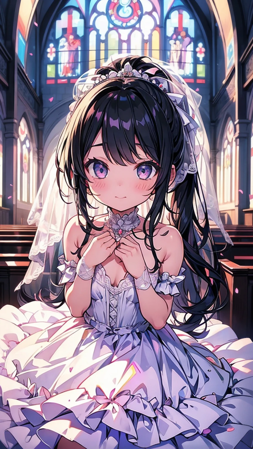    super detailed,(masterpiece)、(    best quality)、 1.        is wearing a wedding dress and has a very detailed face , Loli,Loli,Loli,   straight hair  ,   black hair, student,  ponytail bleeding from vagina,     very small breasts ,  Extremely large droopy eyes    ,   purple  , church,8k ,  wedding dress,