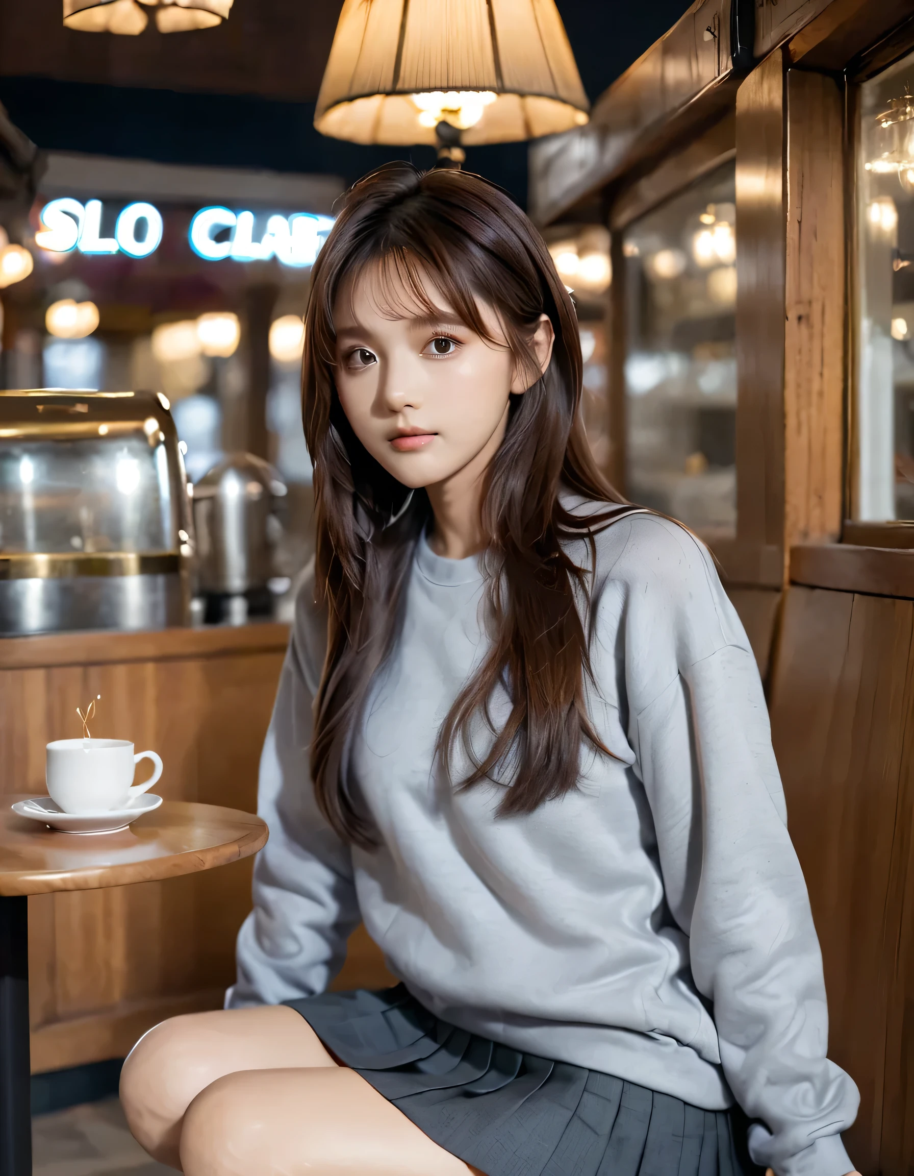 xxmixgirl,masterpiece,best quality,absurdres,beautiful pretty cute small face,1girl,shiny_skin,solo,brown hair,long hair,straight hair,black sweatshirt, gray miniskirt, pleated skirt,white sneakers,perfect body,dynamic pose,cafe,detailed face,intricate details,cinematic composition,