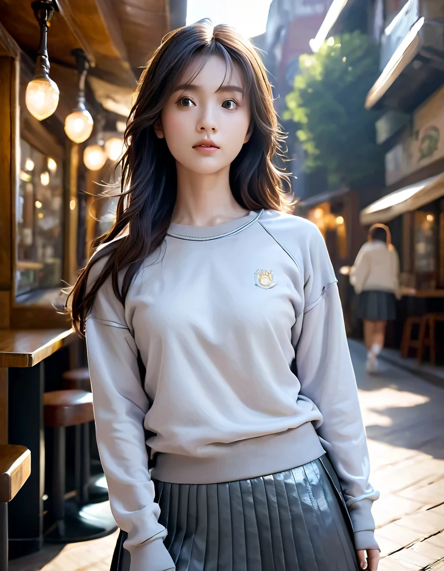 masterpiece,best quality,absurdres,beautiful pretty cute small face,1girl,shiny_skin,solo,pensive look,brown hair,long hair,straight hair,black sweatshirt, gray miniskirt, pleated skirt,white sneakers,perfect body,dynamic pose,cafe,detailed face,intricate details,cinematic composition,portrait