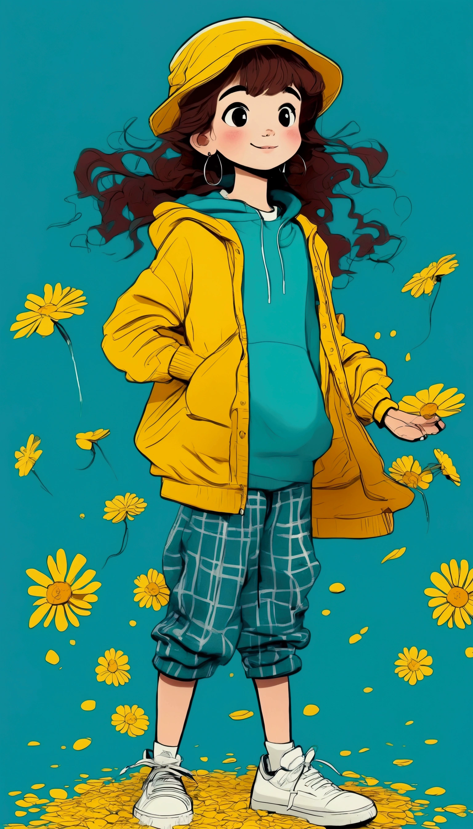  full body shot  ,  she is crouching down with her hands picking flower petals from the ground ,  while rain of rose petals falls  ,  a cartoon girl with a beautiful smile a loose yellow sweatshirt,  white wool hat,  round cyan earrings and plaid pants with daisy bows ,  brown hair moving with the wind  , white sneakers , white wallpaper fading with magenta ,  vector art by Yamagata Hiro  , Trend in CG  , esteticismo, in blue and yellow clothes, anime  full body illustration  ,  full body illustration  , some  yellow and blue,  illustration style  ,  yellow and blue, yellow clothes, Phone background, y2k style, y2k style,  beautiful art style 