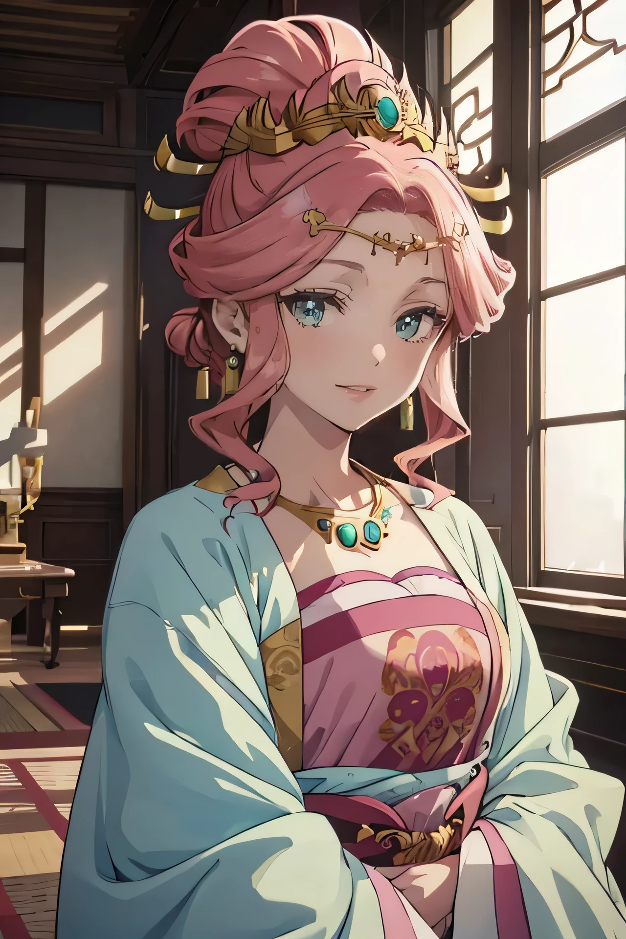 anime screencap, perfect lighting, detailed face,
in a fancy room, 1girl, solo, Gyokuyou, pink hair, long hair, single hair bun, green eyes, hair ornament, earrings, jewelry, necklace, dress, hanfu, makeup,
upper body shot, looking at the viewer, smile, mouth open, happy girl, teeth