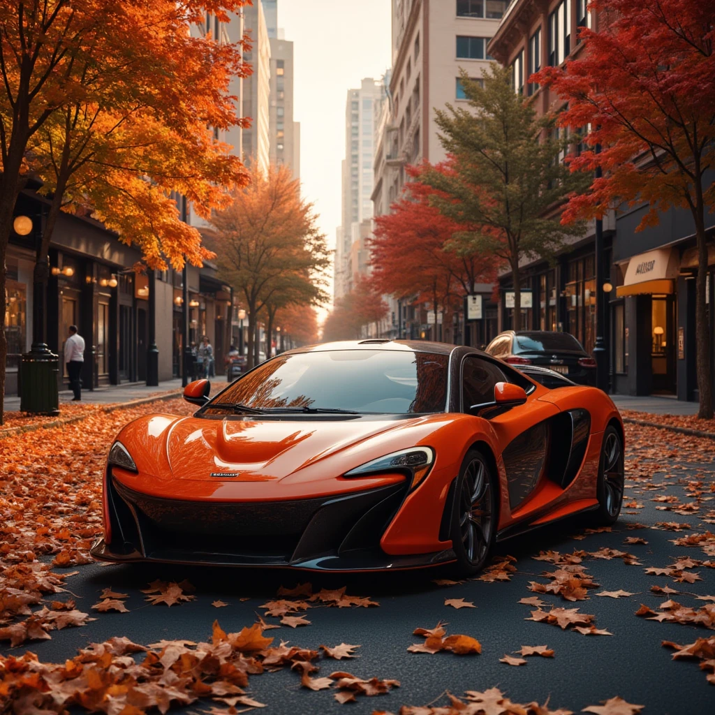 SKYLINER32, sports car parked on a street covered with leaves in autumn in a (city:1.3), fall, global illumination, volumetric lighting, best quality, highly detailed, cgi, illustration, octane render,  