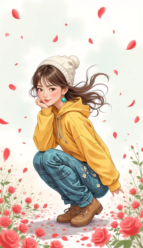  full body shot  , she is crouching down with her hands picking flower petals from the ground ,  while rain of rose petals falls  ,  a cartoon girl with a beautiful smile a loose yellow sweatshirt,  white wool hat,  round cyan earrings and plaid pants with daisy bows ,  brown hair moving with the wind  , white sneakers , white wallpaper fading with magenta ,  vector art by Yamagata Hiro  , Trend in CG  , esteticismo, in blue and yellow clothes, anime  full body illustration  ,  full body illustration  , some  yellow and blue,  illustration style  ,  yellow and blue, yellow clothes, Phone background, y2k style, y2k style,  beautiful art style 