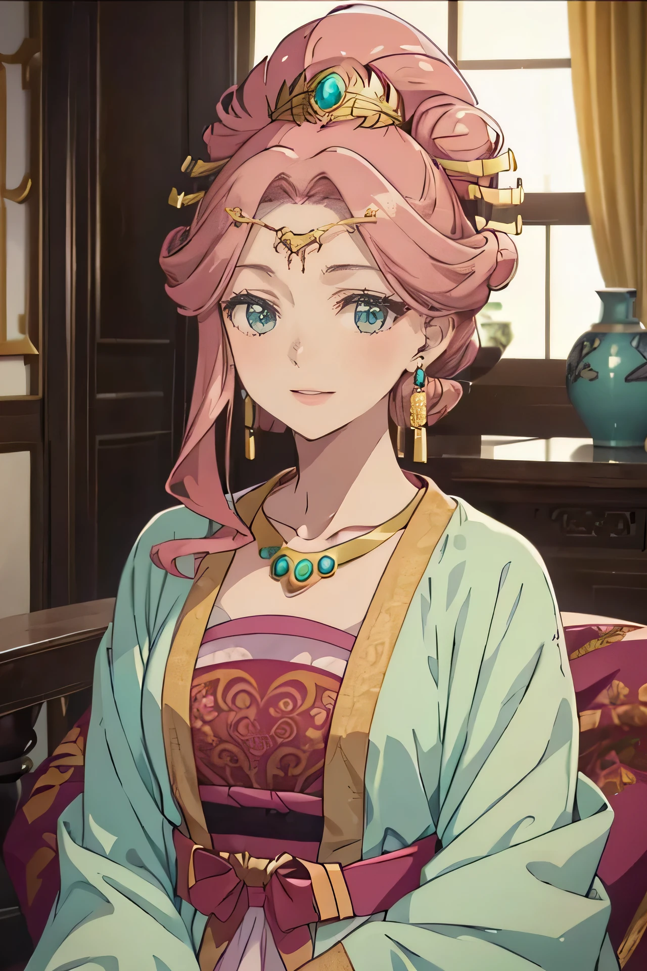 anime screencap, perfect lighting, detailed face,
in a fancy room, 1girl, solo, Gyokuyou, pink hair, long hair, single hair bun, green eyes, hair ornament, earrings, jewelry, necklace, dress, hanfu, makeup,
upper body shot, looking at the viewer, smile, mouth open, happy girl, teeth