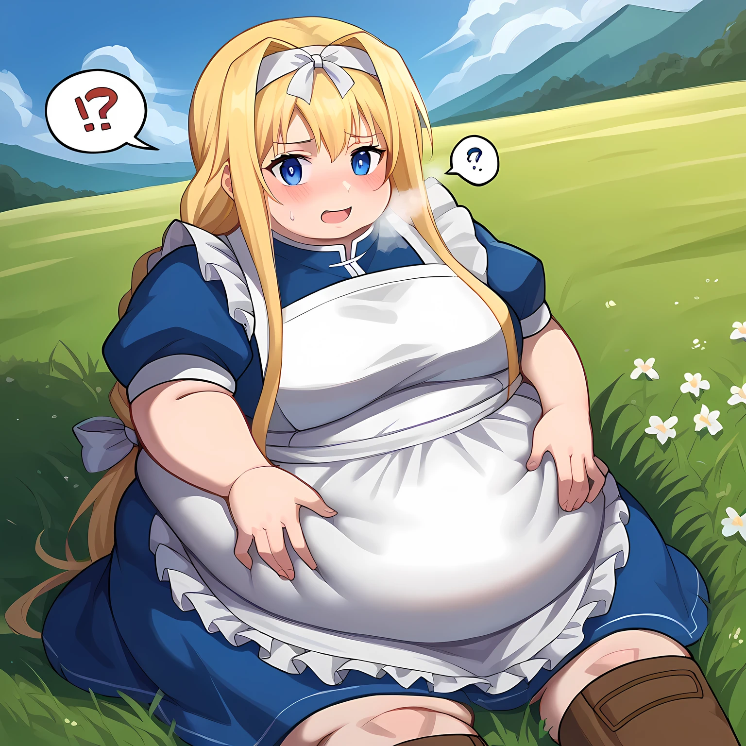 score_9, score_8_up, score_7_up, source_anime,
alicezuberg, alice zuberg, bangs, blue eyes, blonde hair, hair between eyes, very long hair, braid, hairband, white hairband, smile,
dress, bow, ribbon, short sleeves, frills, apron, puffy short sleeves, blue dress, brown footwear, knee boots, white bow, white apron, frilled apron,
outdoors, plains, grass, flowers, sitting,
looking at viewer, dutch angle, cowboy shot, bulging belly, fat, chubby, obese, open mouth, out of breath, absurdres, highres icon, rating:General, confused, blush, spoken question mark, {flustered}, nervous sweating, portrait, pov hands, hand on another's belly, averting eyes, [looking away], straight-on, from below, swollen face, masterpiece, best quality, ultra-detailed, high resolution, 8K, absurdres, highres icon,