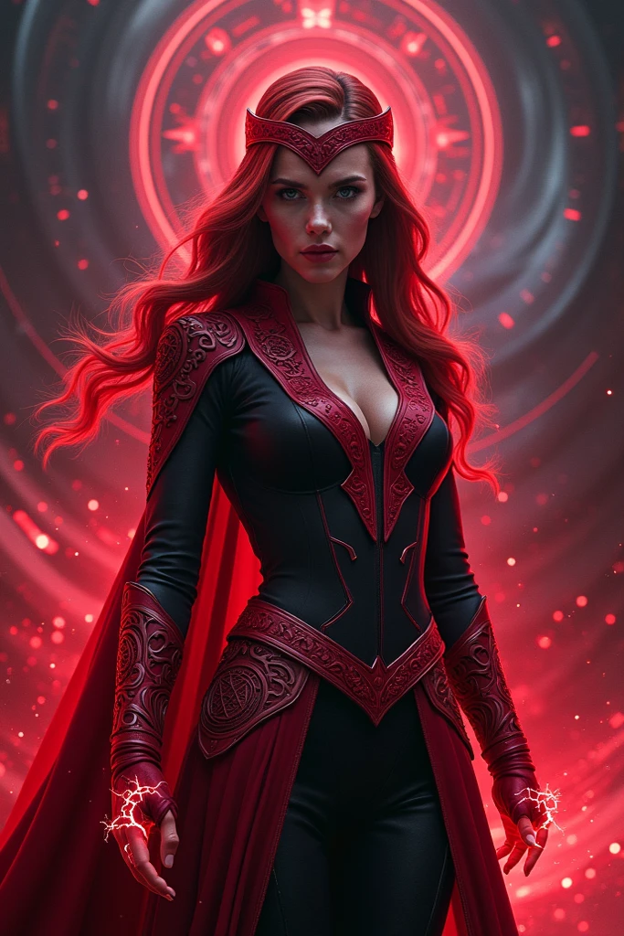 ultra realistic, photography, long red hair, girl, 24 years old, hourglass figure, perfect body, Flirty look, extremely detailed artgerm, in the style artgerm, facing the camera, lens 35 mm, blur background, scarlet witch cosplay, floating in the air, red electric glowing hands, outside in darkening clouds, clouds with red electricity, full body, full body pic