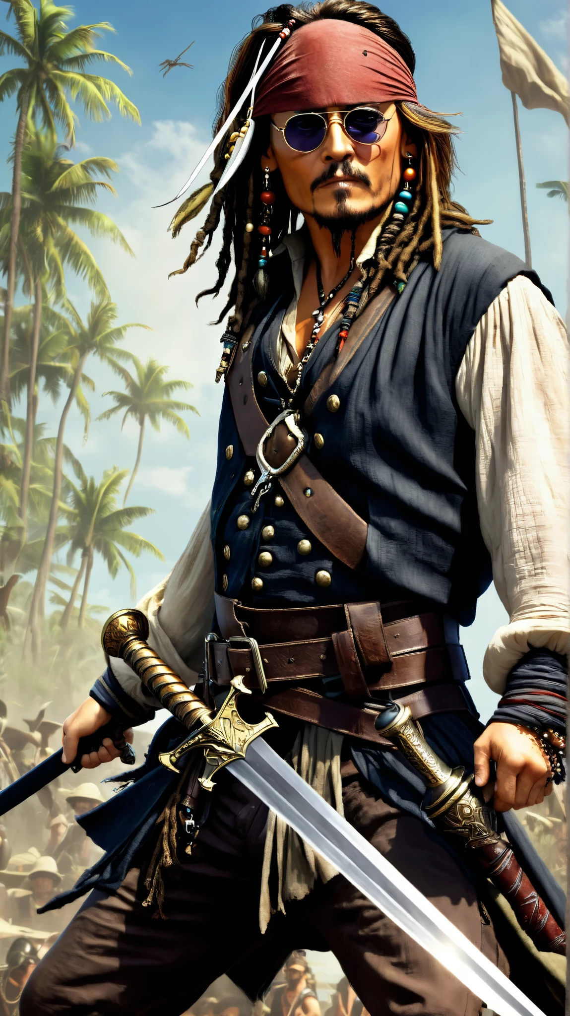 lucas arts,  captain jack sparrow,  Johnny Depp,  flat shading , round sunglasses ,((In battle with a sword)),(total body),(full body)