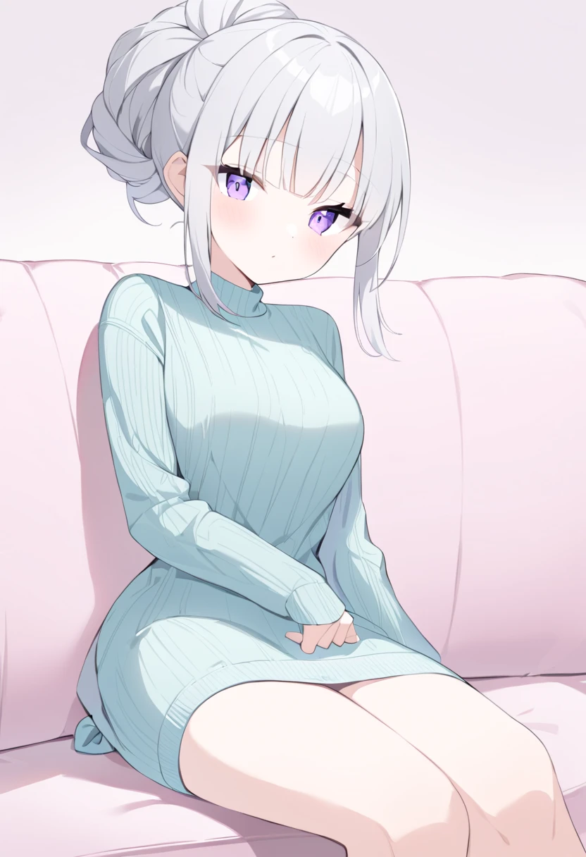 masterpiece、High image quality、 1 woman、 Silver Hair、 tied hair 、 knit dress、 pastel colors 、 sitting on sofa 