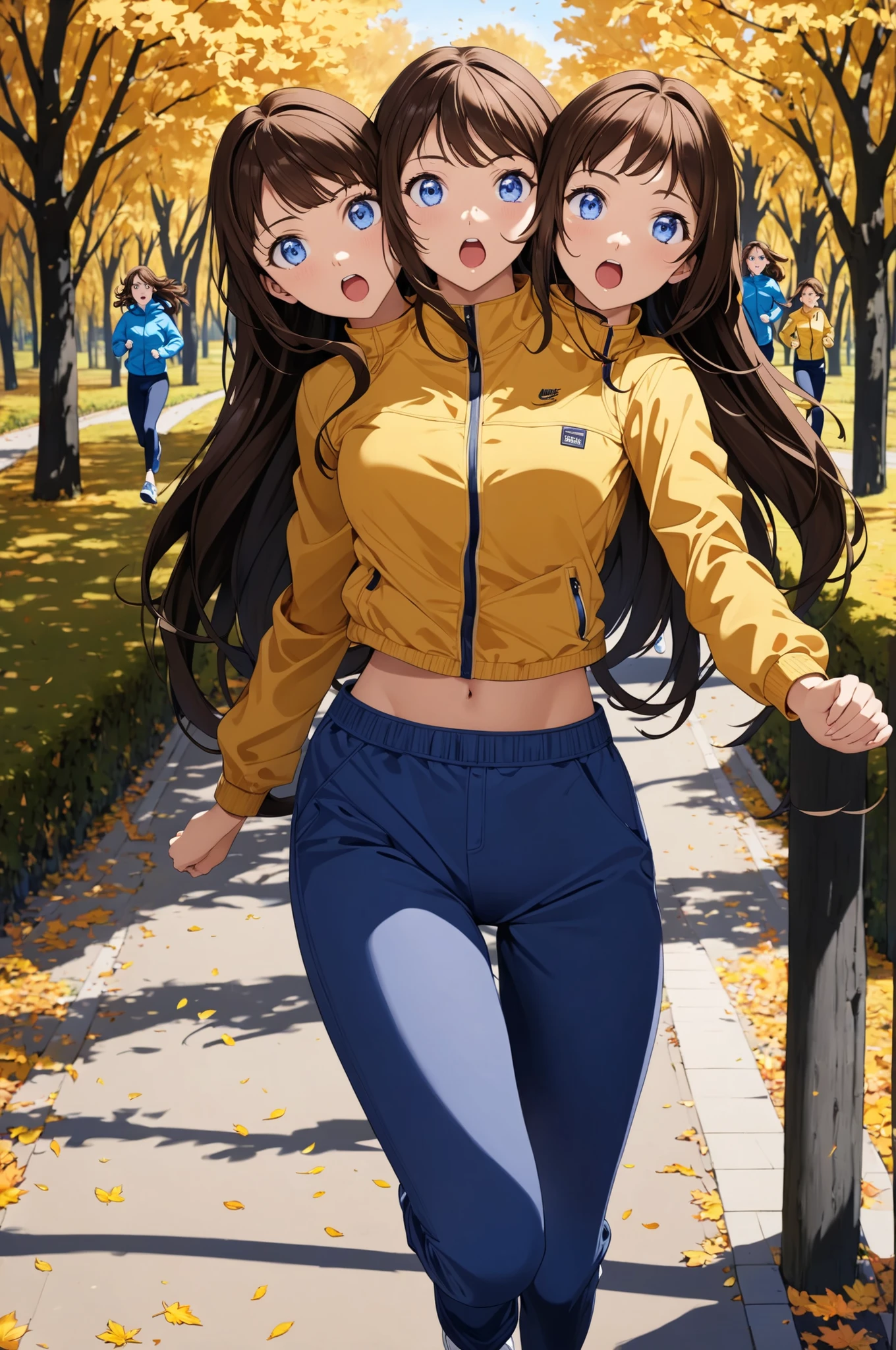 (masterpiece, best quality), best resolution, three heads, conjoined, 1girl, brown hair, blue eyes, tanned skin, breathing heavily, open mouth, focused, yellow jacket, dark blue pants, running along a park path, running pose, autumn, cowboy shot