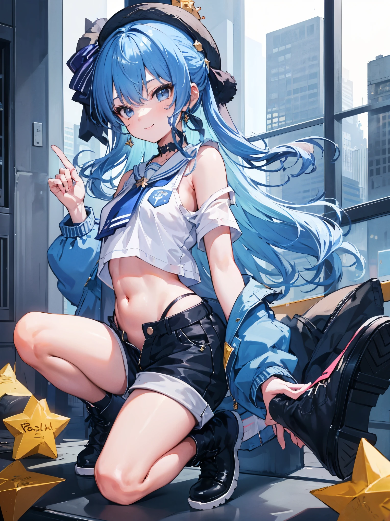((Highest quality)), ((masterpiece)), (detailed), (nsfw), image of anime video game character dressed in an outfit with a short skirt, 1girl, cheerleader, underwear, bike shorts, skirt, 独奏, breasts, black bike shorts, standing on one leg, open mouth, crop top, underboob, standing, pleated skirt, hair ornament, blush, thigh strap, black skirt, looking at viewer, multicolored hair, cameltoe, sweat, playground