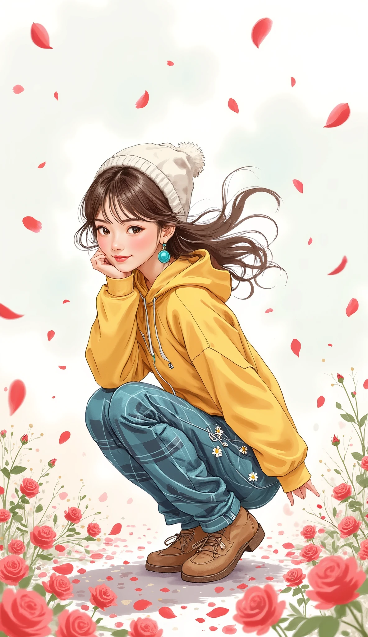  full body shot  , she is crouching down with her hands picking flower petals from the ground ,  while rain of rose petals falls  ,  a cartoon girl with a beautiful smile a loose yellow sweatshirt,  white wool hat,  round cyan earrings and plaid pants with daisy bows ,  brown hair moving with the wind  , white sneakers , white wallpaper fading with magenta ,  vector art by Yamagata Hiro  , Trend in CG  , esteticismo, in blue and yellow clothes, anime  full body illustration  ,  full body illustration  , some  yellow and blue,  illustration style  ,  yellow and blue, yellow clothes, Phone background, y2k style, y2k style,  beautiful art style 