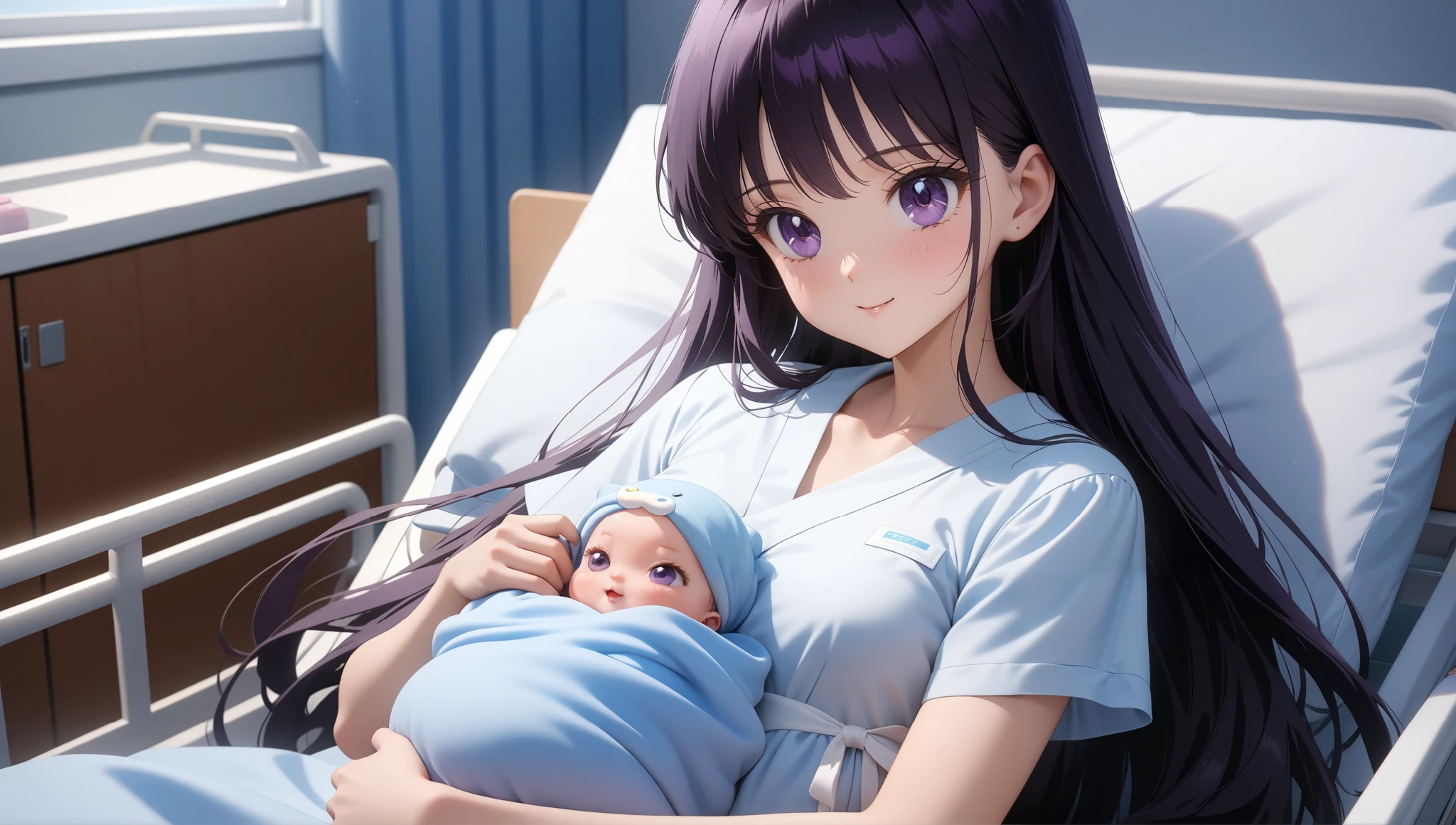 colorful, (masterpiece, best quality, very aesthetic , ultra detailed), intriguing details , 4K, long hair, black hair, hair combed to the side, purple eyes, small breast, 1girl, new born, baby, 1 girl, solo, Best quality, masterpiece, High Definition, White Hospital Gown, Hospital Bed, holding , Smile, variable shot