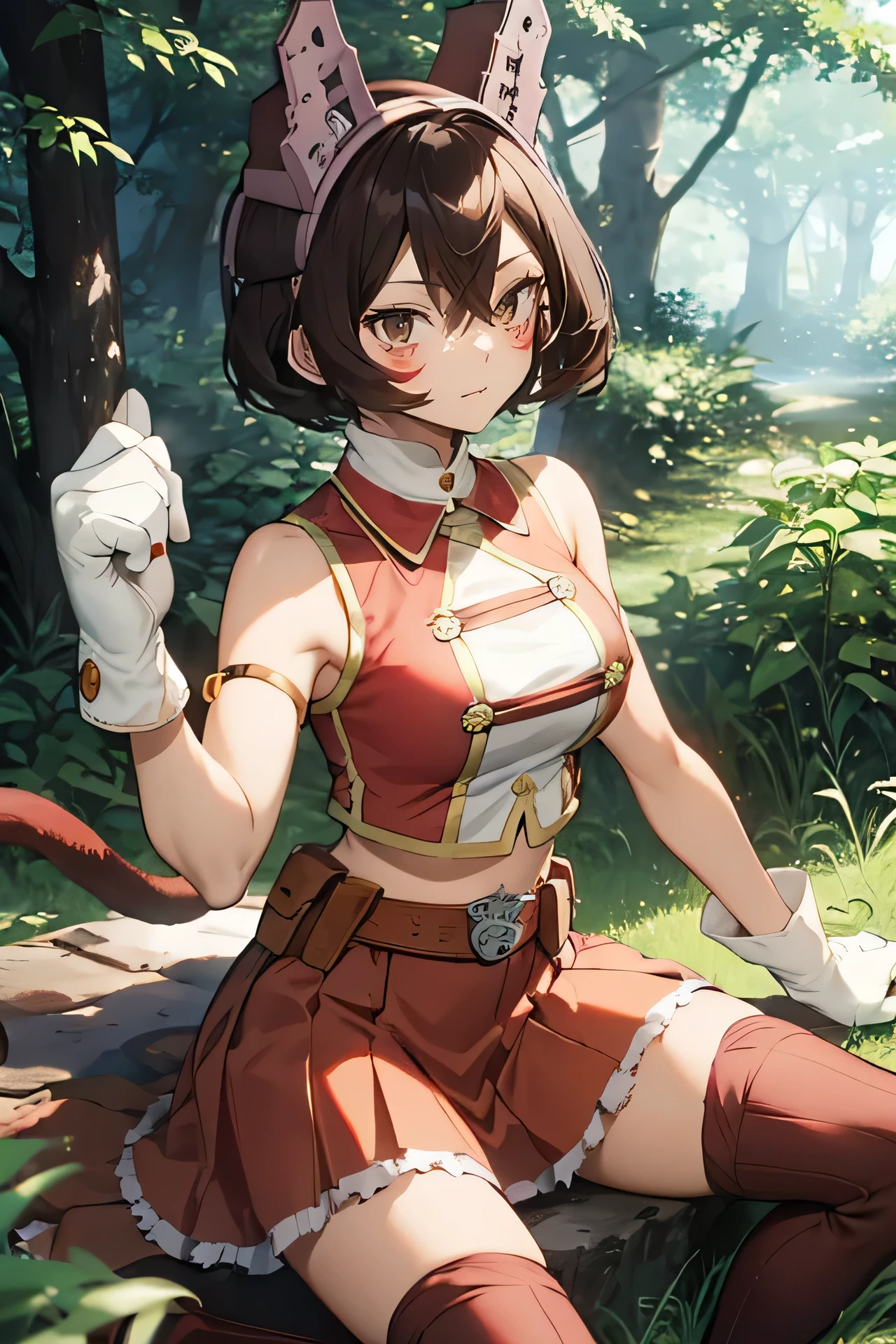 score_9,score_8_up,score_7_up,score_6_up, source_anime, woman, dynamic pose, wrapping arms around legs,  short hair, brown hair, hair between eyes, brown eyes, pink headgear, face markings, red top, red skirt, cat tail, red boots, boots with fur trim, sleeveless, white gloves, large gloves, neck bell, orange belt, red armlet, forest, tall grass, nature, overgrown,