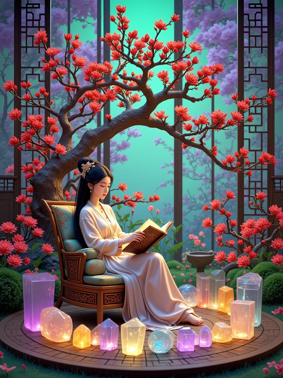 Imagine an ethereal fantasy landscape filled with a myriad of colors pastel. In this serene scene, a person of Asian descent, with long flowing hair, is sitting under a giant, ancient tree. They are deeply involved in an act of crystal journaling. A wide array of radiant, exquisitely detailed healing crystals of diverse hues such as rose quartz, amethyst, and citrine are arranged into a circular pattern around them. The person, wearing lightweight, flowing clothes, holds an old, leather-bound journal in which they record their observations, thoughts, and feelings. The vibrant and soothing energies of the crystals merge with this person's aura, creating a mystical synergy. Ethereal creatures like glowing fairies and wisps gently float around illuminating this sacred space