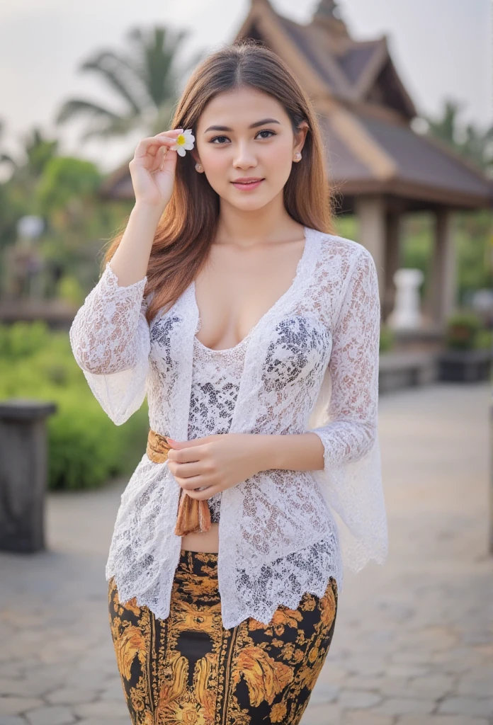 (masterpiece, best quality:1.2), 1 hijab girl, ((wearing hijab)), (large breast, cleavage cutout), Alone, flower,unbuttoned kebaya_Bali, white_kebaya_bali, mid shot, close up, stands on bridge, smiling, Bali temple background, beach
