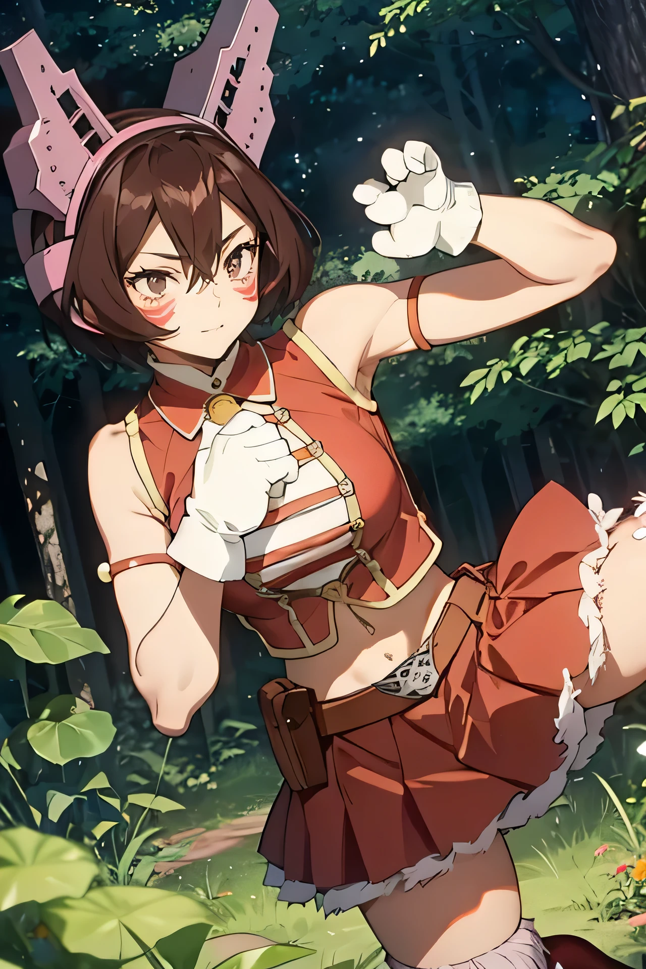 score_9,score_8_up,score_7_up,score_6_up, source_anime, woman, dynamic pose, wrapping arms around legs,  short hair, brown hair, hair between eyes, brown eyes, pink headgear, face markings, red top, red skirt, cat tail, red boots, boots with fur trim, sleeveless, white gloves, large gloves, neck bell, orange belt, red armlet, forest, tall grass, nature, overgrown,