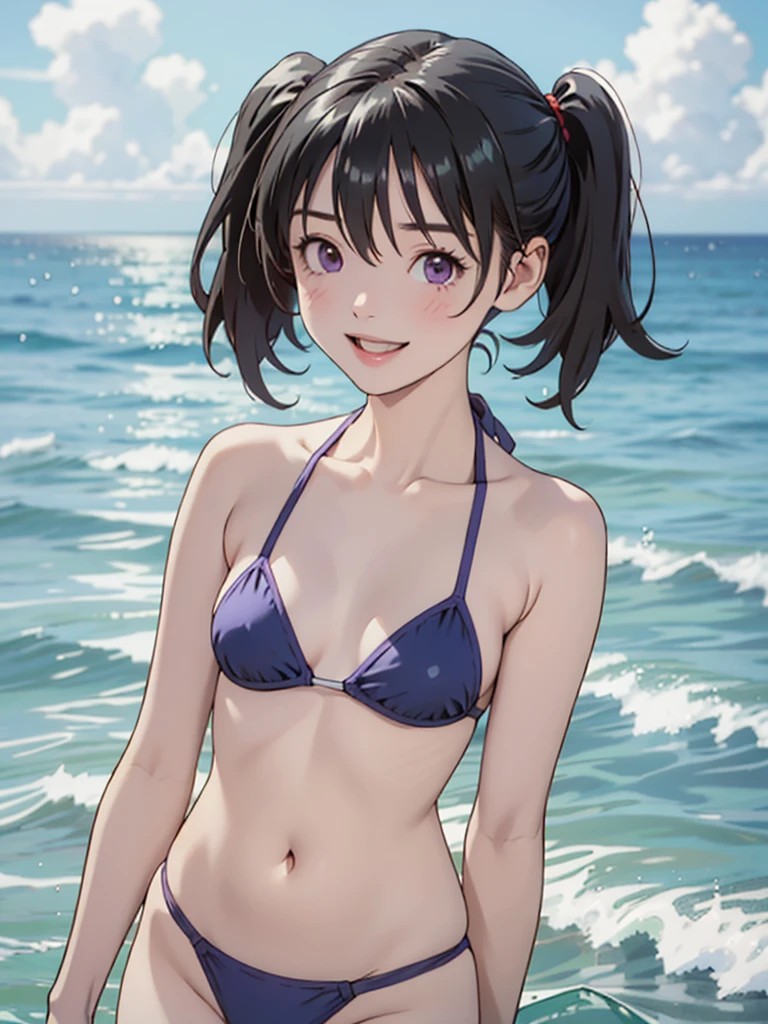 (from side),(upper body), (from below), ((kuraue hinata, black hair, twintails, short twintails, purple eyes, short hair, eyebrows visible through hair, hair between eyes)), ((NSFW)),((cowboy shot )), ((NSFW)),((Micro bikini - swimsuit with a small area)), (cameltoe:1.1)((thighs)),cowboy shot, (((Smaller chest))), Best Quality, (masutepiece:1.2), Highly detailed, 1girl in, Solo, raise a hand, Looking at the viewer, Open mouth, Smile, tooth, Girl in 1, Solo, cowboy shot,Depth field、light on face、Portrait、sunshine、sky porn、smile、((ocean, water, splash,))