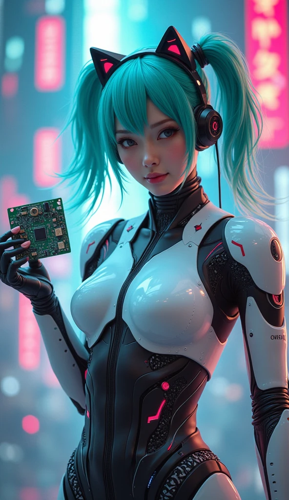 1 Girl, Skin-Tight Body-suite, White Body-Suite, Mecha-Bunny Ears, ((wearing cybernetic Visor covering the eyes)), Gadgets, (cyberpunk city background at night)