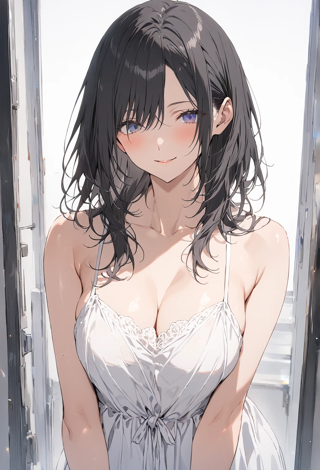 masterpiece, ((masterpiece)), (detailed), solo, 1 girl, ((young mature woman)), standing, ((front view)), medium size breast, long black hair with parted bangs, blue eyes, cool woman, white sundress, slight smile