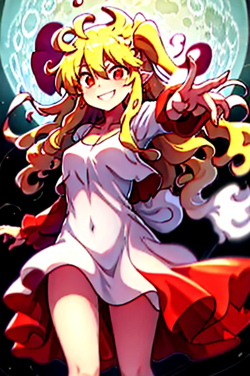 {{masterpiece, ultra-high quality, ultra detailed,}} 1girl, Flandre Scarlet, long hair, professional art, fifth Gear, white ring of smoke, large smile, crimson eyes, red dress, full moon in background, standing before the moon, wings with hanging crystals,  - extra fingers, -extra limbs, -miscaptioned fingers, -badly detailed, -misdrawn eyes