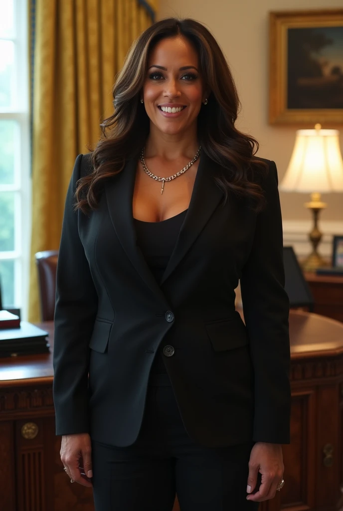 kamala Harris, skirt suit, relaxed, smiling, short skirt, curvy legs, large breasts, sweating while sitting on top of desk