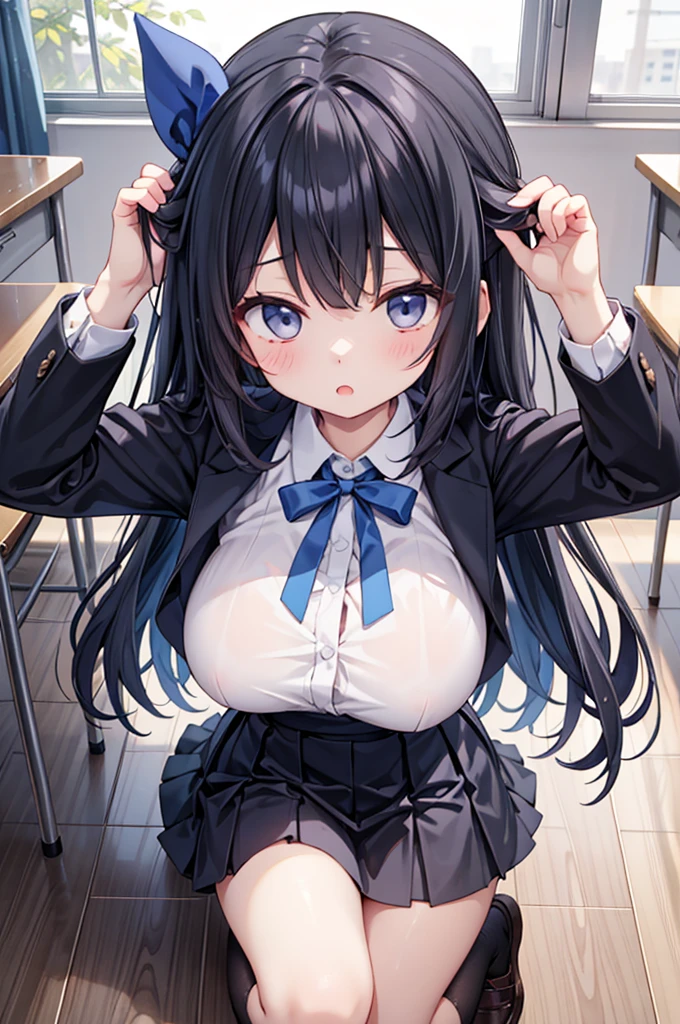 (cute eyes:1.2), (sparkling eyes:1.2), (8K、Best image quality、highest quality、masterpiece)、Detailed face、(2 girls)、Improve、(open mouth), (embarrassed), (glamourous:1.1), (cleavage), (crop top navel), Sit on a chair, Classroom Background, (black stockings:1.1), (Thighs:1.1), (Waistline:1.1),(close-up shot of bust), (from above:1.2)