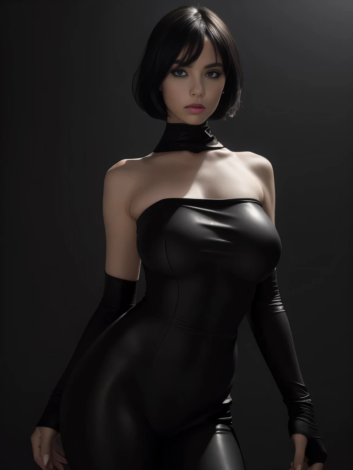 (Matte black strapless catsuit:1.3), Bare shoulder, Sleeveless, Long glove, (Looking at the viewer:1.5), White room,
8K Quality, (High Resolution:1.25), (Realistic photo:1.5), (Raw photo:1.25), (Extremely detailed photo), Absolute masterpiece,
Plump body, (Big breasts:1.2), (Lip make-up), Glossy skin, Blond, Bangs, Short wavy bob, Ultra beautiful girl