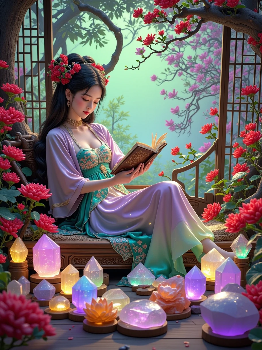 Imagine an ethereal fantasy landscape filled with a myriad of colors pastel. In this serene scene, a person of Asian descent, with long flowing hair, is sitting under a giant, ancient tree. They are deeply involved in an act of crystal journaling. A wide array of radiant, exquisitely detailed healing crystals of diverse hues such as rose quartz, amethyst, and citrine are arranged into a circular pattern around them. The person, wearing lightweight, flowing clothes, holds an old, leather-bound journal in which they record their observations, thoughts, and feelings. The vibrant and soothing energies of the crystals merge with this person's aura, creating a mystical synergy. Ethereal creatures like glowing fairies and wisps gently float around illuminating this sacred space