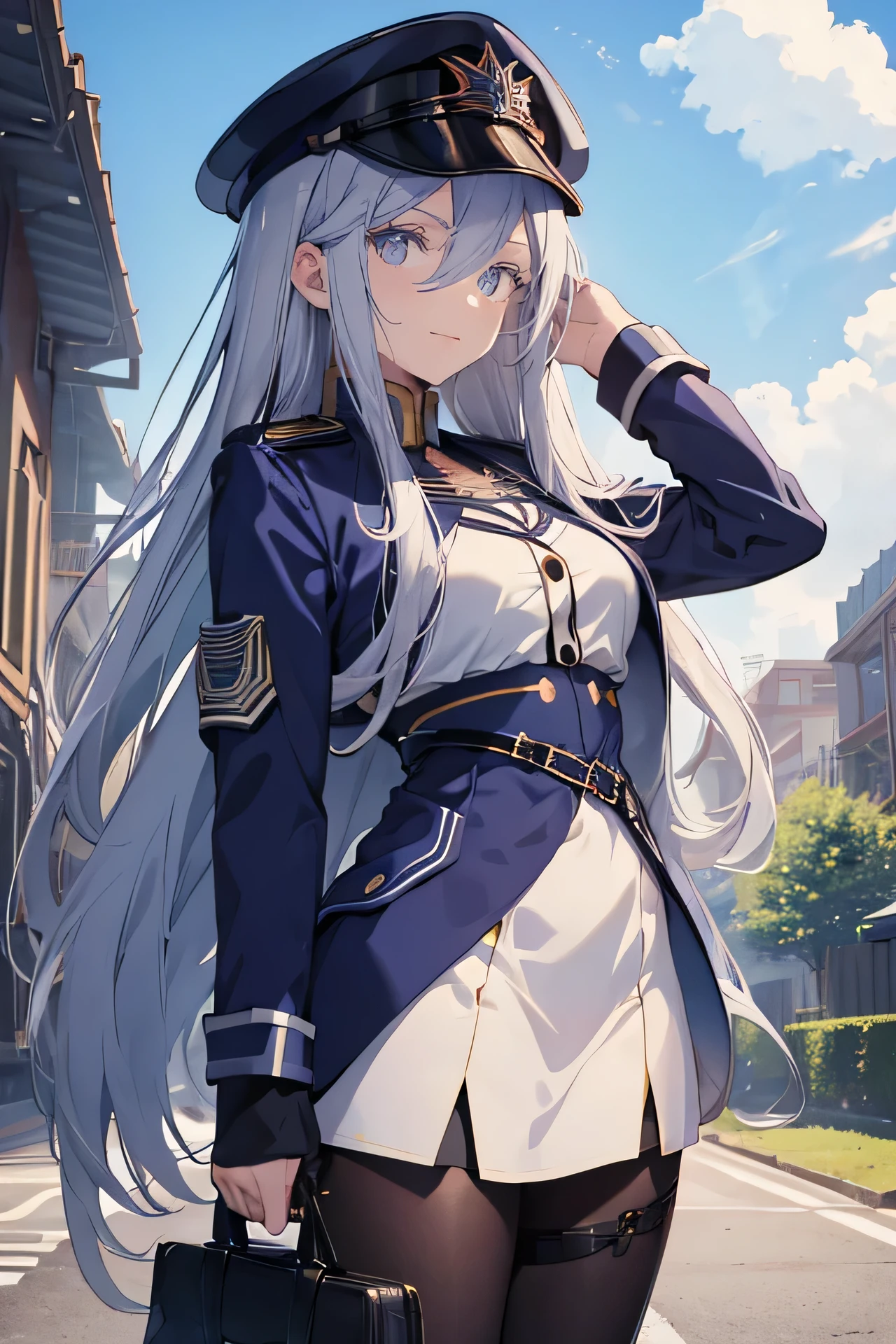 score_9, score_8_up, score_7_up, score_6_up, score_5_up, score_4_up, source_anime, anime screencap, anime coloring, shiny hair, shiny skin, official art, (masterpiece, detailed:1.2), 1girl, solo, long hair, looking at viewer, bangs, silver eyes, hat, hair between eyes, closed mouth, silver hair, outdoors, sky, day, cloud, blue jacket, blue sky, military, blue headwear, blue military uniform, cloudy sky, portrait, blue military hat, Vlad_Milze_v1, smile