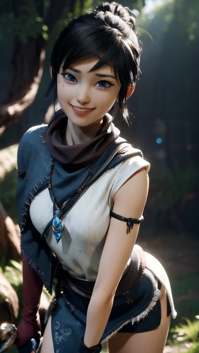 Kena,(best qualityer,4K,8k,high resolution,work of art:1.2)(weather: cloudy), spirit forest background, forest road, freckles, white sleeveless top, blue cape, tight mini skirt, stockings, linen boots, elbow long gloves, headband, belt, eyeliner, short hair, black hair, ultra detailed, realistic,portraite,beautiful detailed blue eyes, glowing eyes,blush,beautiful detailed lips,extremely detailed eye and face, long eyelashes,sexly,average, large breasts,beaming smile, sexy smile,powerful girl, sexy pose, stunning curves,bright coloured,dramatic lighting, shaman staff,