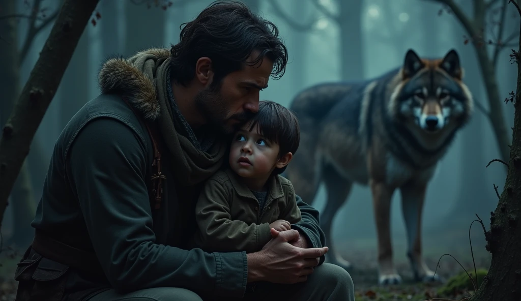 Man hugging a werewolf child boy in a cottage in 90's dark fantasy film style