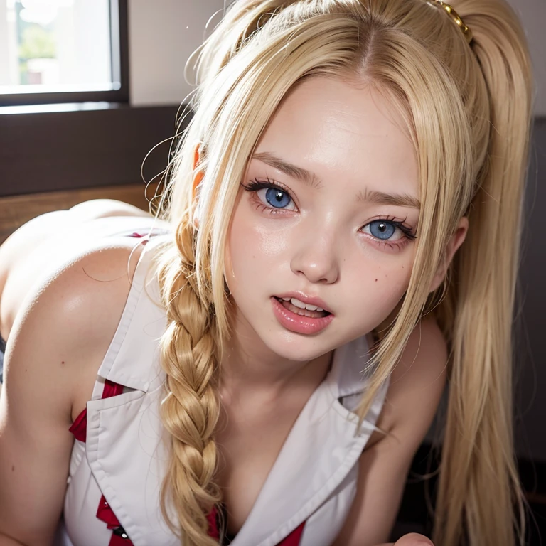 (8k, 4k, best quality, highres, ultra high res:1.1), (masterpiece, realistic, photo-realistic:1.1), 1girl, twintails, blonde hair, black eyes, red lips, (looking at viewer:2), long eyelashes, eyeshadow, small face, big eyes, bare shoulders, high contrast, scantily clad, full body, 
intimidated