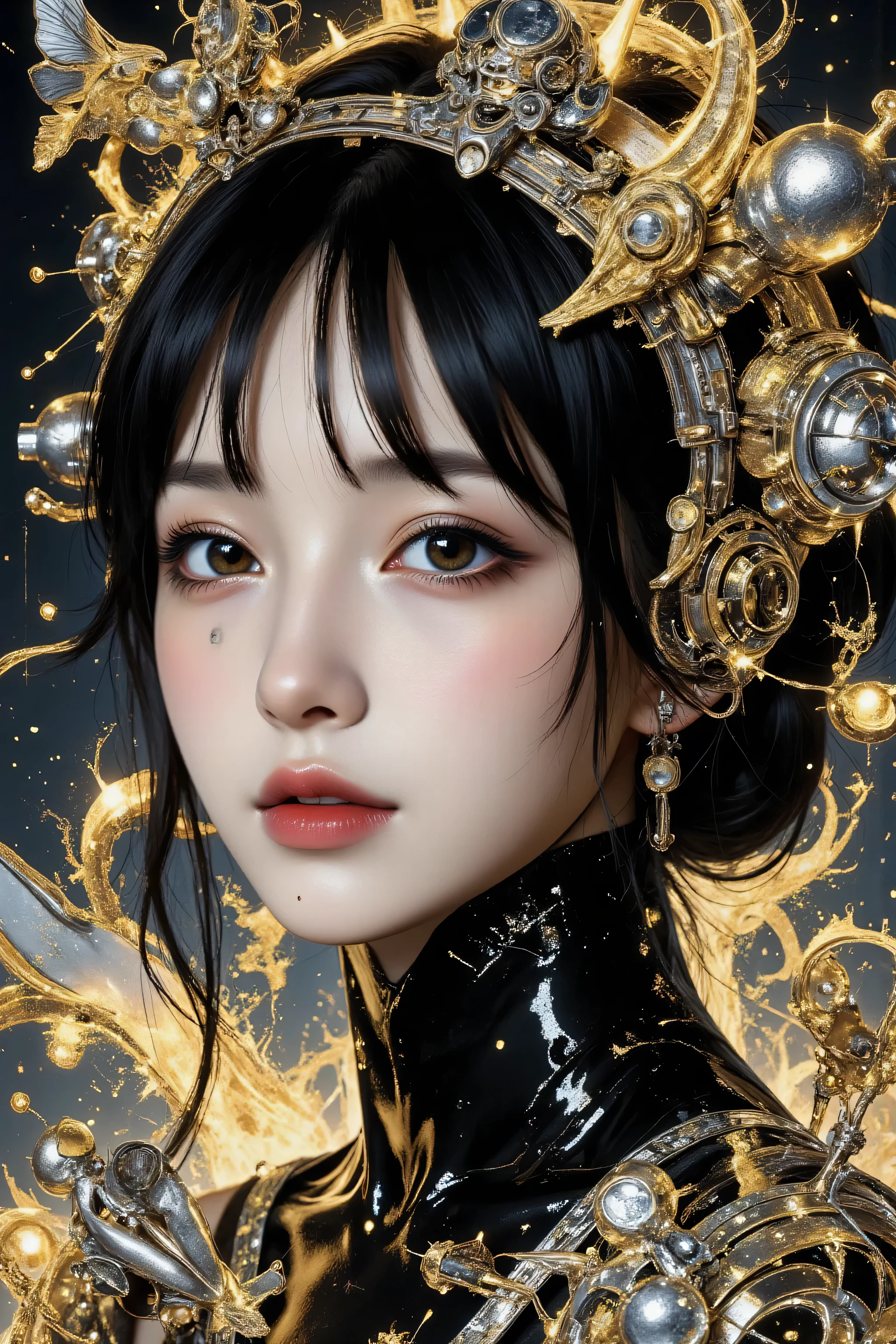 (1girll:1.3), 独奏,__Body parts__, offcial art, 统一 8k 壁纸, ultra - detailed, Beautiful and aesthetic, big breasts beautiful, tmasterpiece, Best quality at best, primitive，tmasterpiece，ultra fine photos，，best qualtiy，超高分辨率，Photoreality，rays of sunshine，full-body portraits，stunningly beautiful，，dynamicposes，delicated face，Vibrant eyes，（seen from the side），She wears a futuristic Iron Man mech，Red and gold color scheme，Very detailed abandoned warehouse background，detailed face with，Detailed and complex busy background，Untidy，opulent，milkyW，Highly detailed skin，Realistic details of skin，Visible Pore，tack sharp focus，volume fog，8K  UHD，digital SLR camera，high qulity，filmgrain，White skin of the，photo-realism，DL，Huge metropolis in a dystopia of the future , look from down, semi transparent，Stockings，short  skirt，full bodyesbian