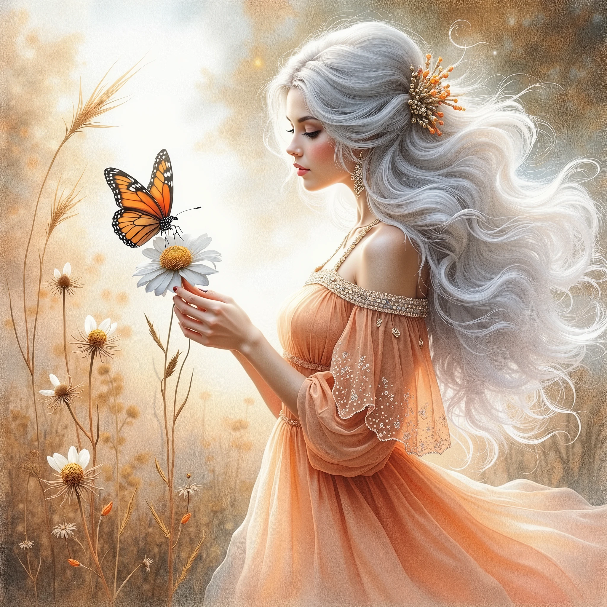 (((EXTREMALLY DETAILED ULTRAREALISTIC 3D RENDER FOREGROUND: 1.4)))  Paint a soft dreamy watercolour image of an ethereal beautiful young woman with long windswept white hair adorned in a gorgeous soft orange flowing dress admiring a stunning, soft-focused dreamy orange butterfly perched delicately on a white flower, which is centrally positioned within a serene natural background. The background features warm, brown and beige blurred tones that evoke a tranquil, ethereal meadow ambiance. Gentle light filters through the scene, lending a dreamy, hazy quality to the composition. To the right, a subtle, dry grass stalk stretches upward, its fine details softly defined, enhancing the image's overall delicate and painterly effect. The butterfly's wings are open, showcasing shades of deep orange with fine black detailing along the edges and wing veins, providing a vivid contrast to the creamy, muted background and the simplicity of the elegant, pale flower supporting it. Fleeting beautiful moments are fragile but immortalized in art.(((EXTREMALLY DETAILED ULTRAREALISTIC 2D FOGGY PASTEL BACKGROUND: 1.2))) (((GOLD GLOSSING DETAILES JEWELLERY,SPARKLING TRANSPARENT STONES)))