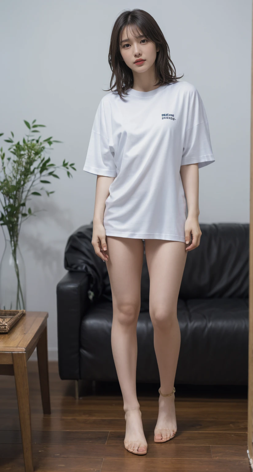   full body image  , 8k, a masterpiece,  most detailed,  (((Oversized white t-shirt and raw legs))), Perfect Look. graphic oil, [Proper Creation, woman,  tan, logic, Bouncing, naked, Gray wolf, ( long hair:1.3), dark theme, Dense forest, full moon,   knight , dark,  living room ,