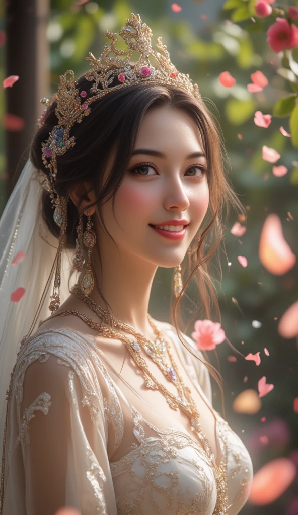 Beautiful happy bride with colorful petals falling like a torrential rain, glitter effects, masterpiece, best quality, very aesthetic, absurdres, very aesthetic
