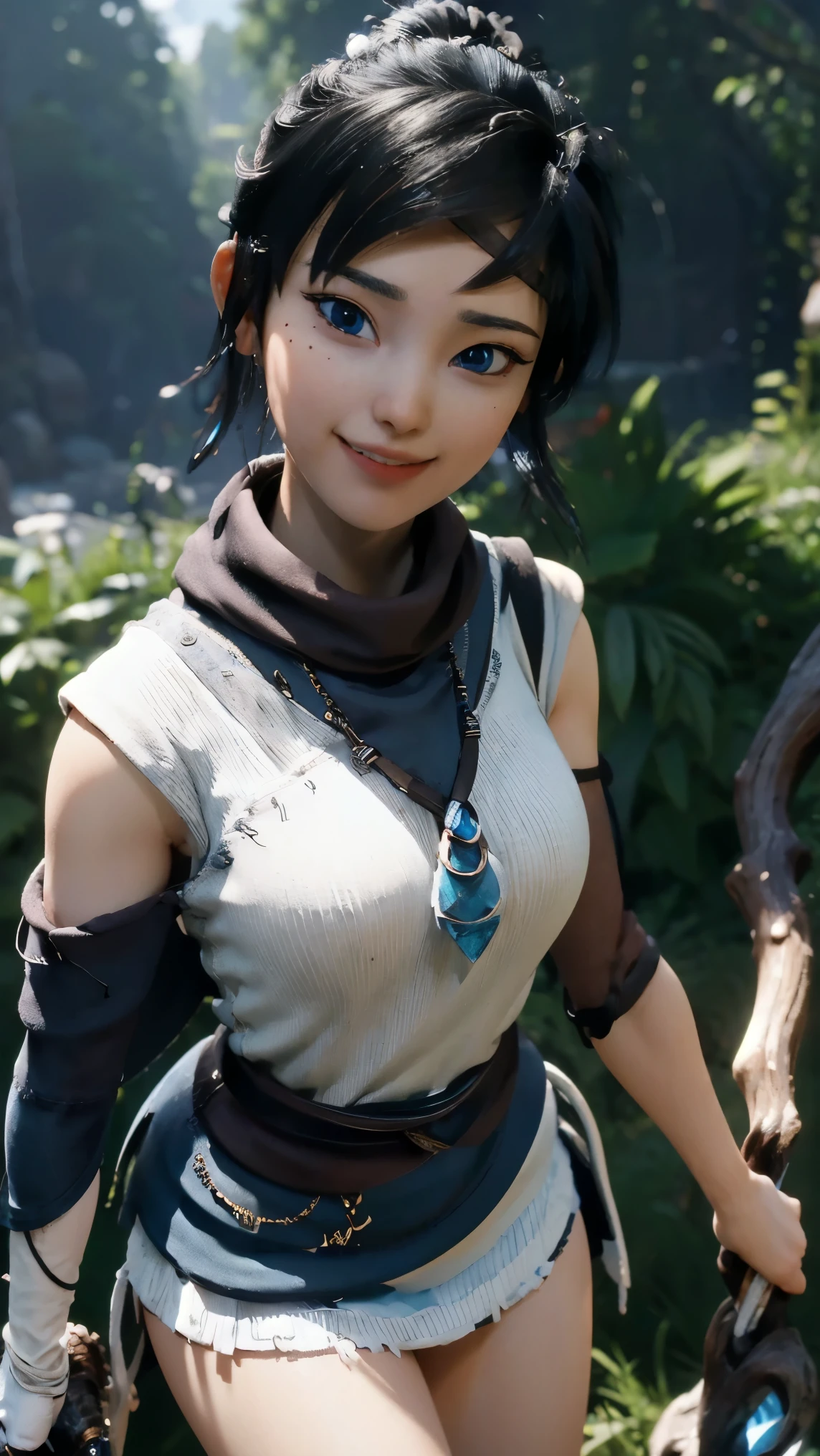 Kena,(best qualityer,4K,8k,high resolution,work of art:1.2)(weather: cloudy), spirit forest background, forest road, freckles, white sleeveless top, blue cape, tight mini skirt, stockings, linen boots, elbow long gloves, headband, belt, eyeliner, short hair, black hair, ultra detailed, realistic,portraite,beautiful detailed blue eyes, glowing eyes,blush,beautiful detailed lips,extremely detailed eye and face, long eyelashes,sexly,average, large breasts,beaming smile, sexy smile,powerful girl, sexy pose, stunning curves,bright coloured,dramatic lighting, shaman staff,