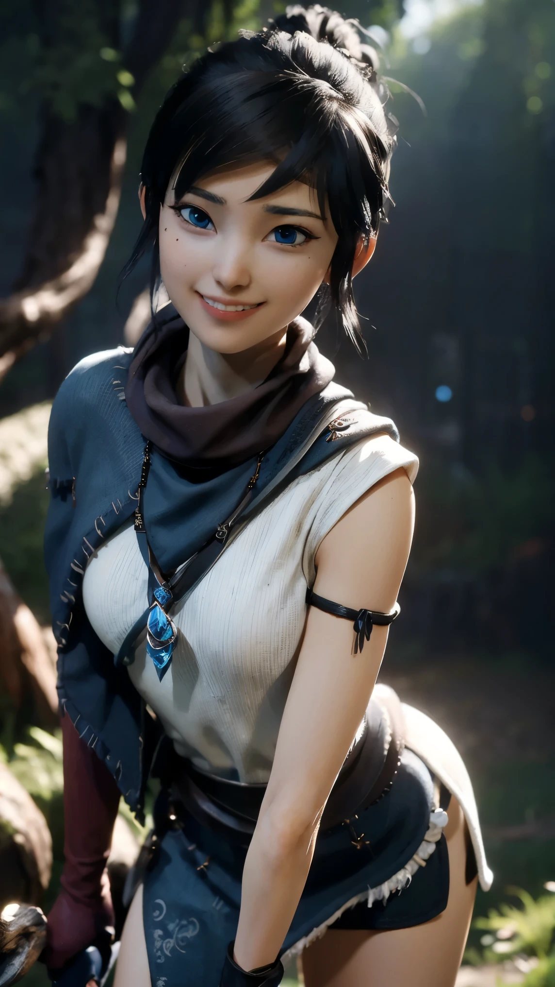 Kena,(best qualityer,4K,8k,high resolution,work of art:1.2)(weather: cloudy), spirit forest background, forest road, freckles, white sleeveless top, blue cape, tight mini skirt, stockings, linen boots, elbow long gloves, headband, belt, eyeliner, short hair, black hair, ultra detailed, realistic,portraite,beautiful detailed blue eyes, glowing eyes,blush,beautiful detailed lips,extremely detailed eye and face, long eyelashes,sexly,average, large breasts,beaming smile, sexy smile,powerful girl, sexy pose, stunning curves,bright coloured,dramatic lighting, shaman staff,