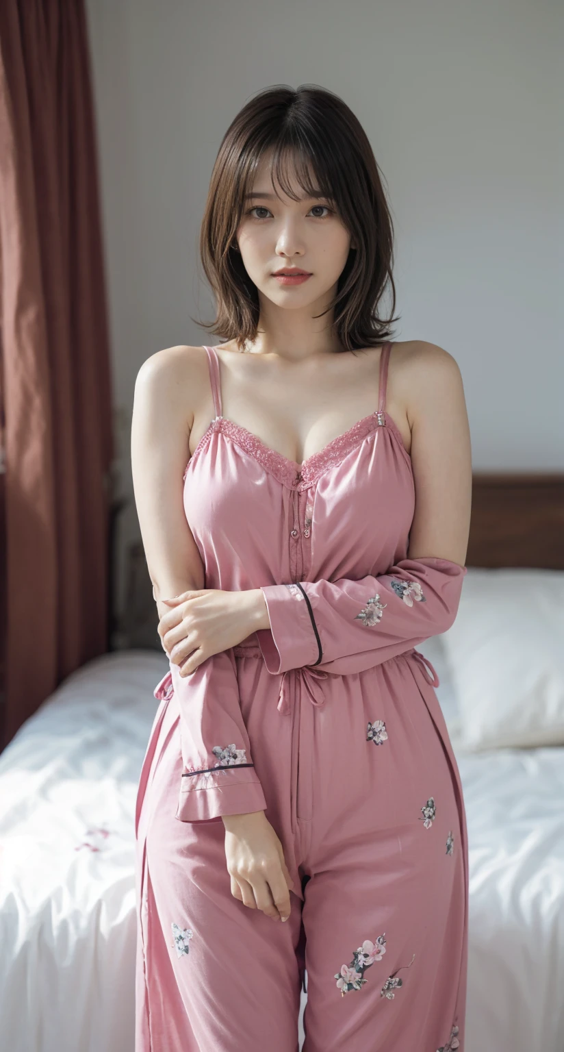  pink floral pajamas、 sitting on bed ,  redheadの少女, beautiful  redheadの女性, Anna Nikonova、 also known as a new milky  ,  redheadの少女,  redhead,  beautiful woman,  short red haired ,  redhead, short red haired ,  posing in a room 、 Big Breasts 、