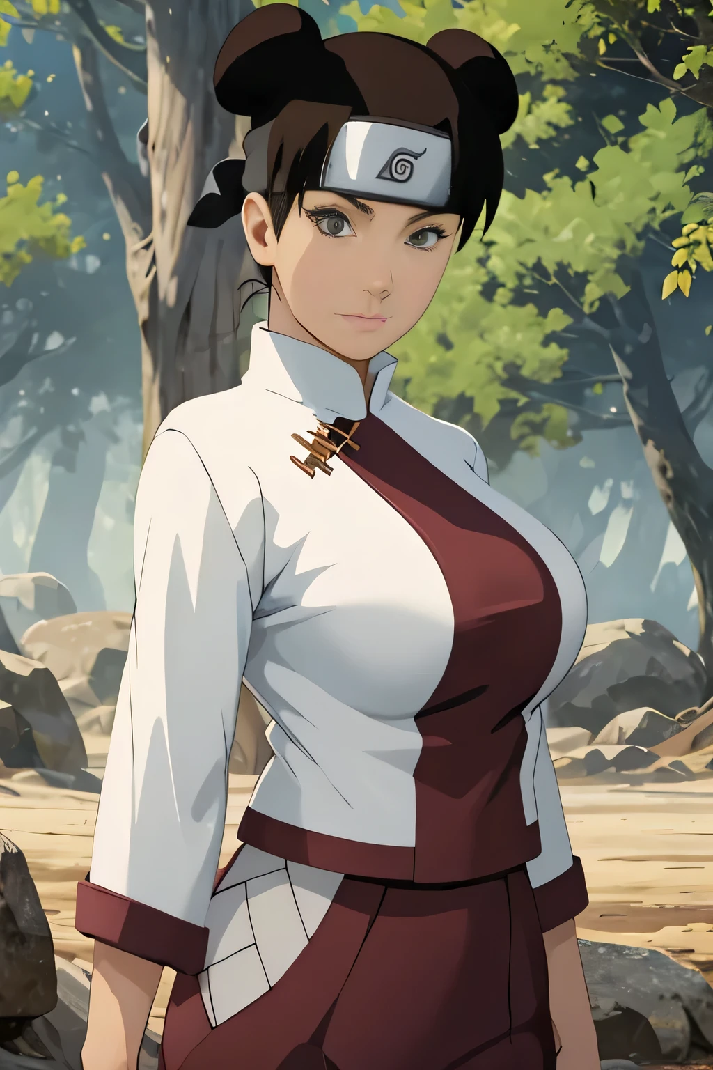 masterpiece, absurdres , (intricate details), (colorful),cinematic lighting,bust shot,extremely detailed CG unity 8k wallpaper,tenten\(shippuden\), 1girl, solo, white red sports bra, medium breasts, hand on hip,forehead protector, konohagakure symbol, headband,  looking at viewer, outdoors, bamboo forest,  frown, (busty), ((large breasts)), (slim waist)