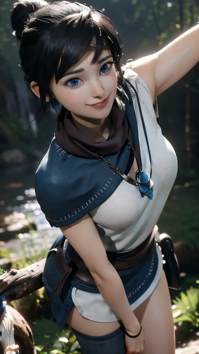 Kena,(best qualityer,4K,8k,high resolution,work of art:1.2)(weather: cloudy), spirit forest background, forest road, freckles, white sleeveless top, blue cape, tight mini skirt, stockings, linen boots, elbow long gloves, headband, belt, eyeliner, short hair, black hair, ultra detailed, realistic,portraite,beautiful detailed blue eyes, glowing eyes,blush,beautiful detailed lips,extremely detailed eye and face, long eyelashes,sexly,average, large breasts,beaming smile, shy smile,powerful girl, joyful pose, stunning curves,bright coloured,dramatic lighting, shaman staff,