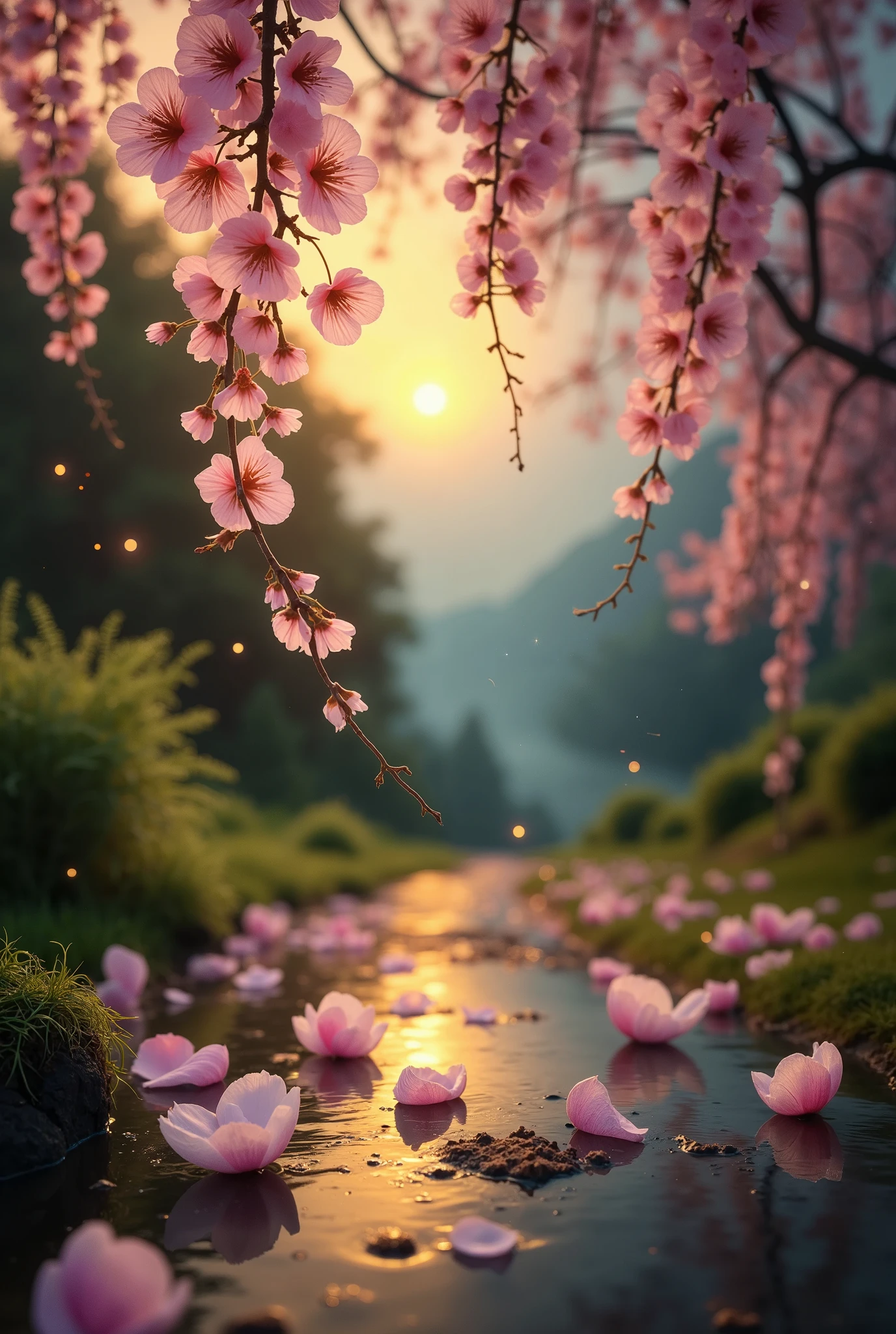 A breathtaking scene of a rain of cherry blossom petals cascading gently from the sky, creating a mesmerizing, dreamlike atmosphere. Each petal is detailed with delicate texture and soft hues of pink and white, highlighted by a glowing golden light that filters through the petals. The background features a tranquil landscape with lush greenery and soft, hazy sunlight, enhancing the ethereal ambiance. Twinkling lights scatter subtly among the falling petals, adding a touch of magic. The overall image is serene, enchanting, and photorealistic, capturing the beauty and elegance of a rain of petals in exquisite detail.