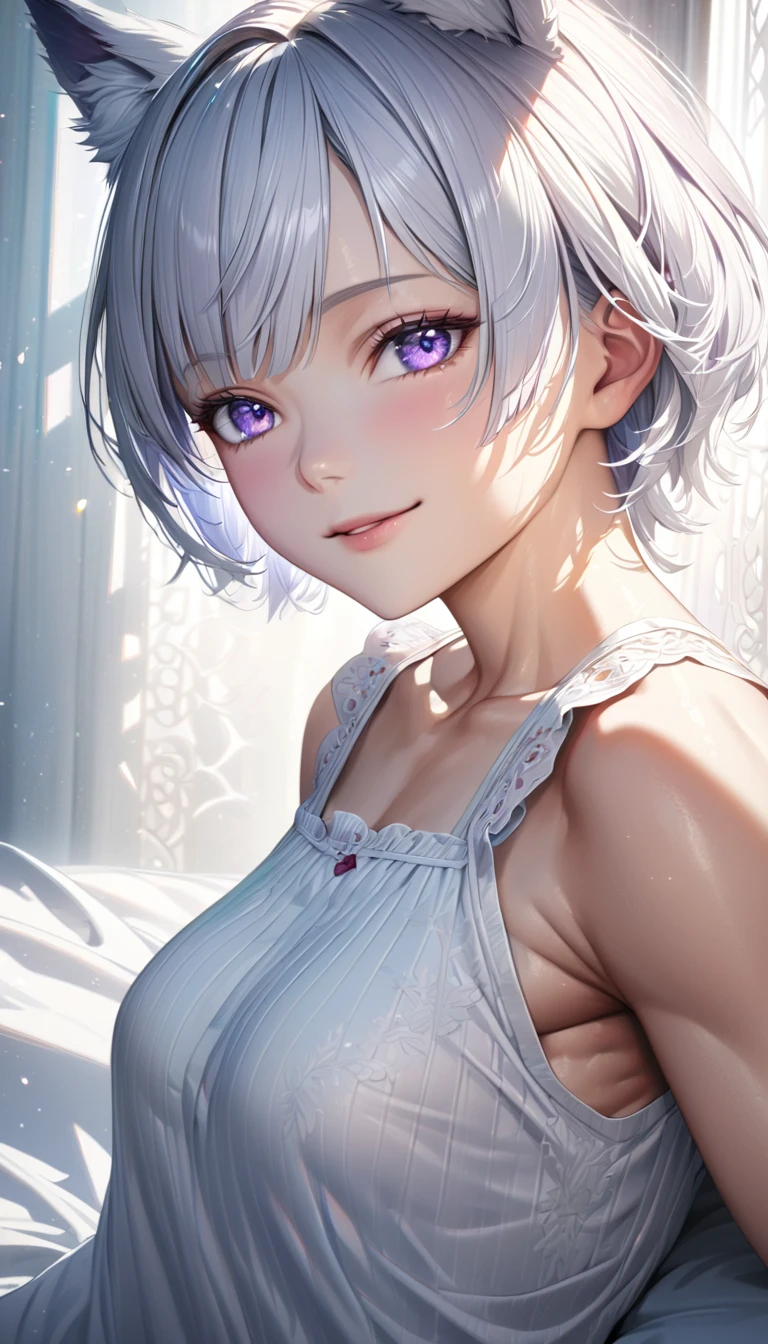 White hair. Short hair. Anime girl. Pink eyes. Nekomimi. Smiling.