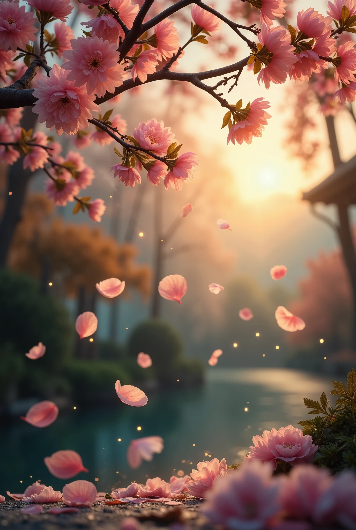 A breathtaking scene of a rain of cherry blossom petals cascading gently from the sky, creating a mesmerizing, dreamlike atmosphere. Each petal is detailed with delicate texture and soft hues of pink and white, highlighted by a glowing golden light that filters through the petals. The background features a tranquil landscape with lush greenery and soft, hazy sunlight, enhancing the ethereal ambiance. Twinkling lights scatter subtly among the falling petals, adding a touch of magic. The overall image is serene, enchanting, and photorealistic, capturing the beauty and elegance of a rain of petals in exquisite detail.